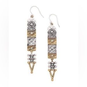 Aztec Earrings. French wire drops. Brass, Sterling Silver. 3” length.